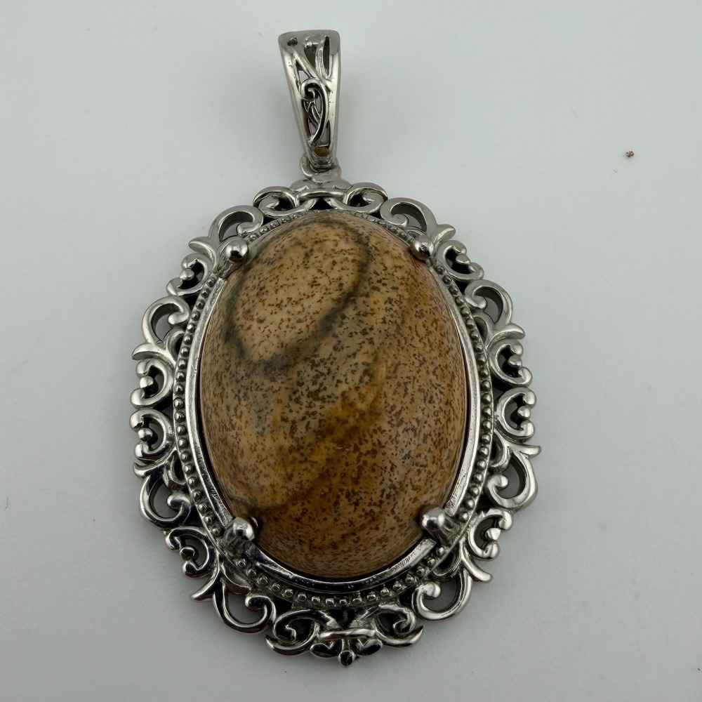 STS Karis Women Picture Jasper Pendant Oval Filigree Silver Tone Brown Tan Stone